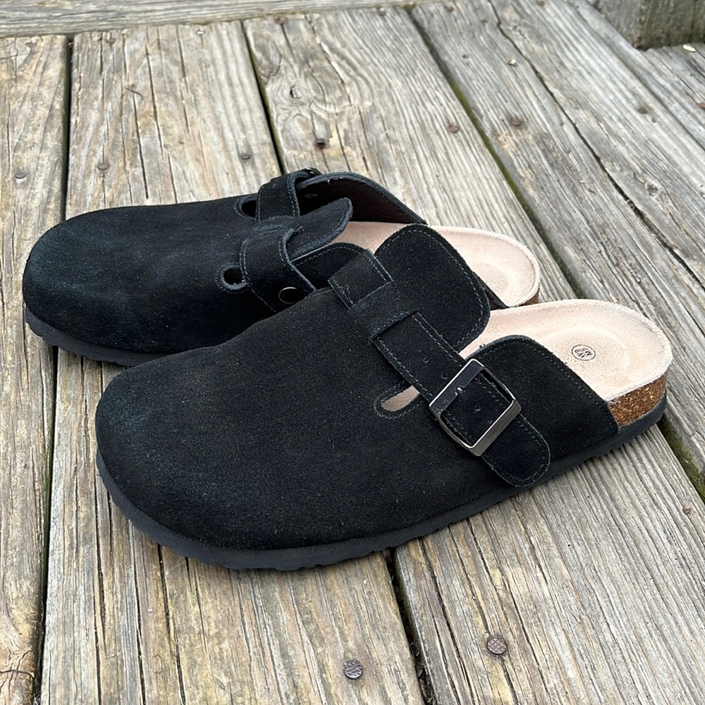 TG Star Black suede clogs. Size 9